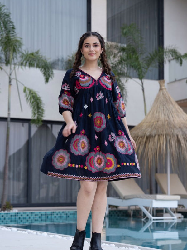 Black Cotton Midi Dress with Embroidered Bodice & Elbow-Length Sleeves