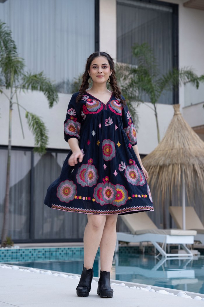 Black Cotton Midi Dress with Embroidered Bodice & Elbow-Length Sleeves