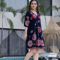Black Cotton Midi Dress with Embroidered Bodice & Elbow-Length Sleeves