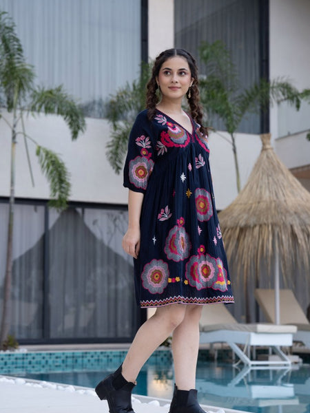 Black Cotton Midi Dress with Embroidered Bodice & Elbow-Length Sleeves