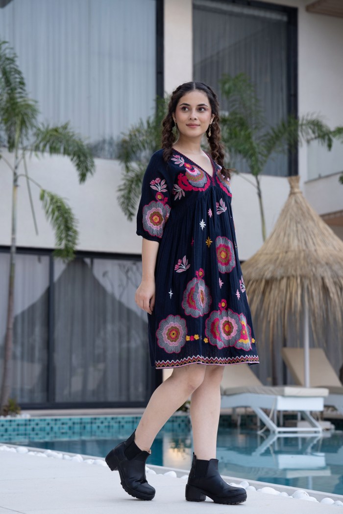 Black Cotton Midi Dress with Embroidered Bodice & Elbow-Length Sleeves