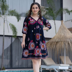 Black Cotton Midi Dress with Embroidered Bodice & Elbow-Length Sleeves