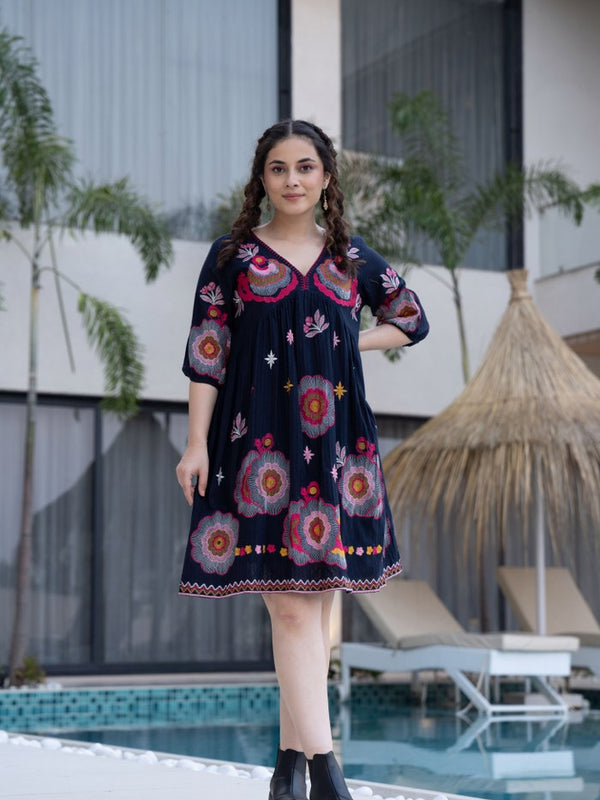 Black Cotton Midi Dress with Embroidered Bodice & Elbow-Length Sleeves