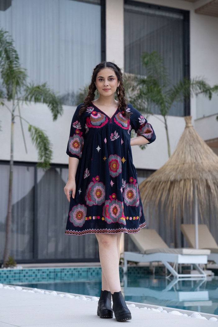 Black Cotton Midi Dress with Embroidered Bodice & Elbow-Length Sleeves