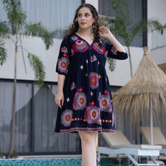 Black Cotton Midi Dress with Embroidered Bodice & Elbow-Length Sleeves