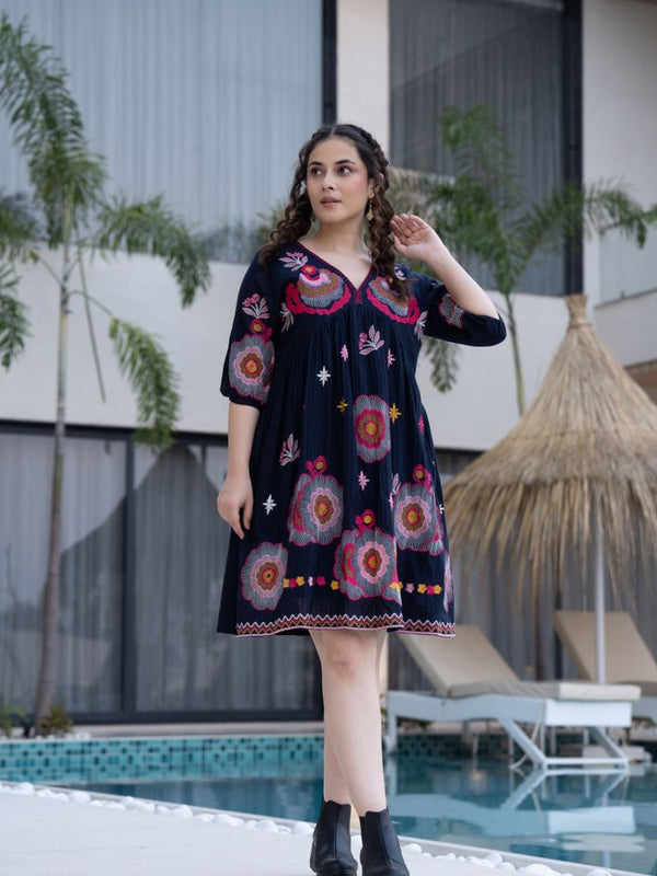 Black Cotton Midi Dress with Embroidered Bodice & Elbow-Length Sleeves