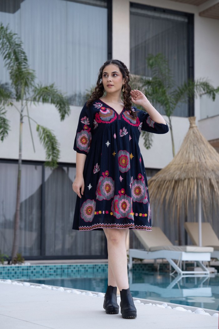Black Cotton Midi Dress with Embroidered Bodice & Elbow-Length Sleeves
