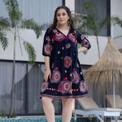 Black Cotton Midi Dress with Embroidered Bodice & Elbow-Length Sleeves