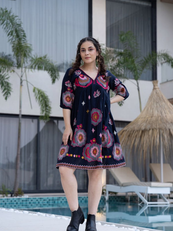 Black Cotton Midi Dress with Embroidered Bodice & Elbow-Length Sleeves