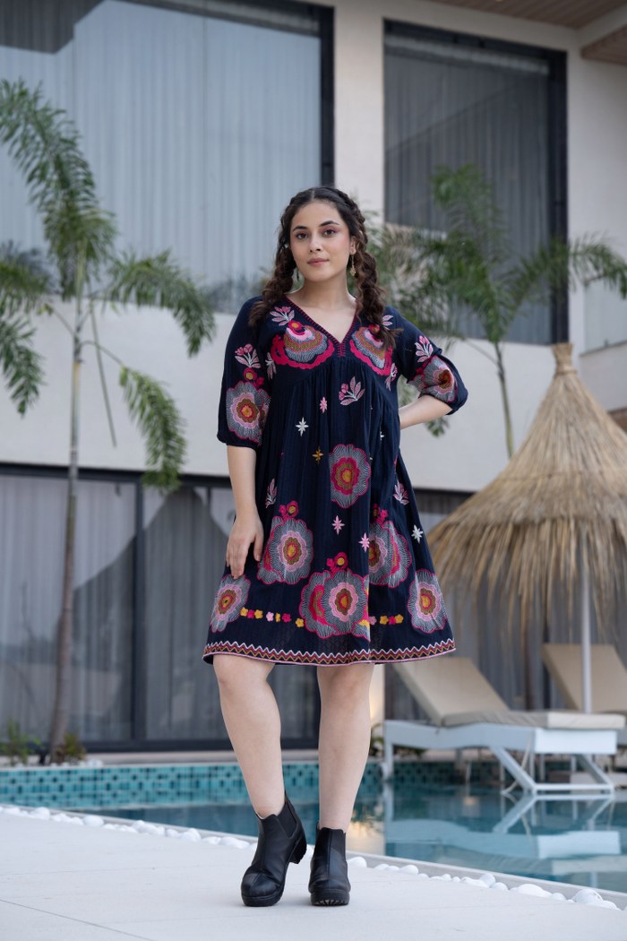 Black Cotton Midi Dress with Embroidered Bodice & Elbow-Length Sleeves