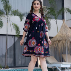 Black Cotton Midi Dress with Embroidered Bodice & Elbow-Length Sleeves