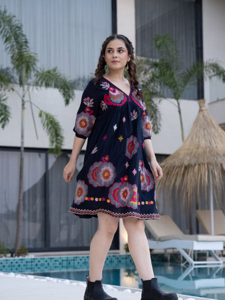Black Cotton Midi Dress with Embroidered Bodice & Elbow-Length Sleeves
