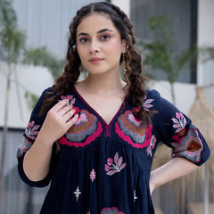 Black Cotton Midi Dress with Embroidered Bodice & Elbow-Length Sleeves