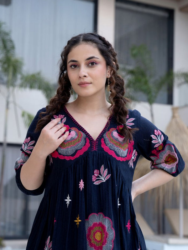 Black Cotton Midi Dress with Embroidered Bodice & Elbow-Length Sleeves