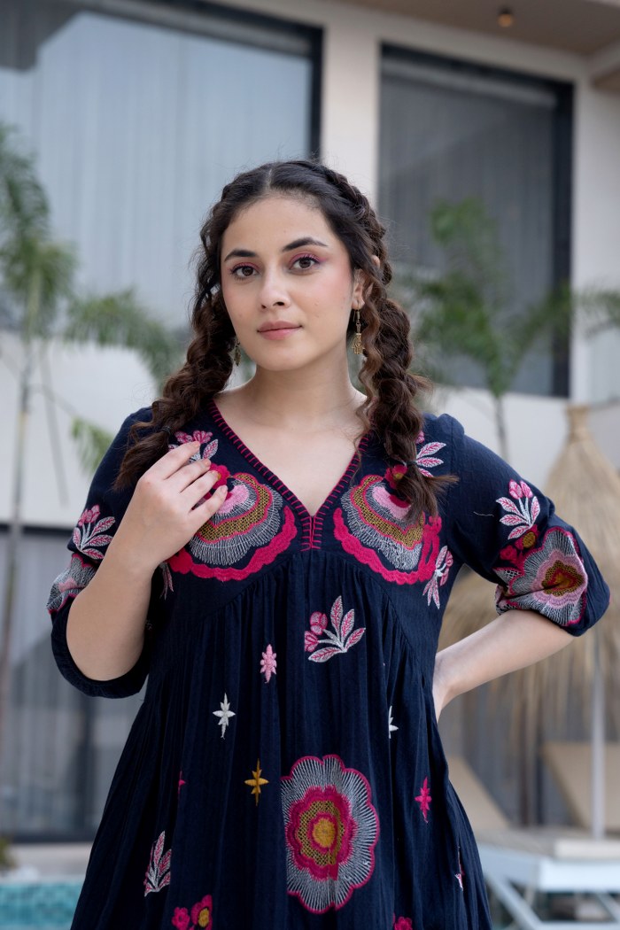 Black Cotton Midi Dress with Embroidered Bodice & Elbow-Length Sleeves