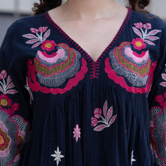 Black Cotton Midi Dress with Embroidered Bodice & Elbow-Length Sleeves