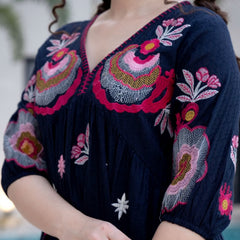 Black Cotton Midi Dress with Embroidered Bodice & Elbow-Length Sleeves
