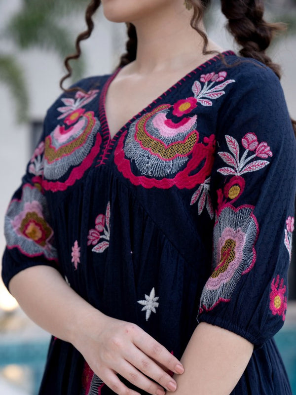 Black Cotton Midi Dress with Embroidered Bodice & Elbow-Length Sleeves