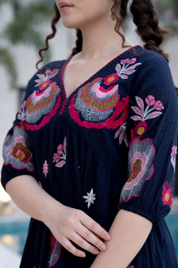 Black Cotton Midi Dress with Embroidered Bodice & Elbow-Length Sleeves