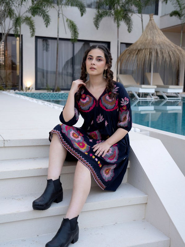 Black Cotton Midi Dress with Embroidered Bodice & Elbow-Length Sleeves