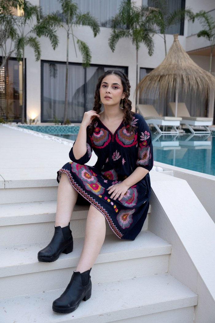 Black Cotton Midi Dress with Embroidered Bodice & Elbow-Length Sleeves