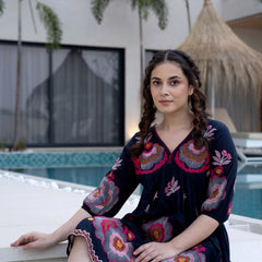 Black Cotton Midi Dress with Embroidered Bodice & Elbow-Length Sleeves
