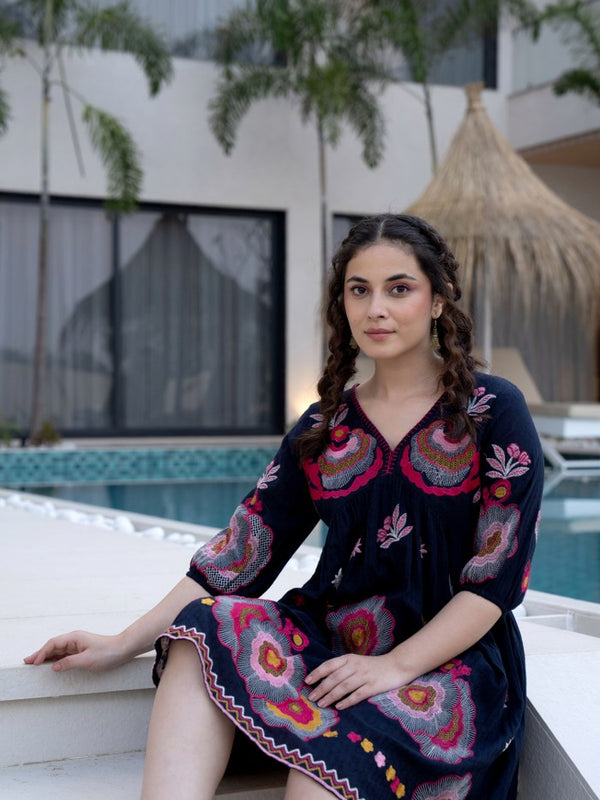 Black Cotton Midi Dress with Embroidered Bodice & Elbow-Length Sleeves