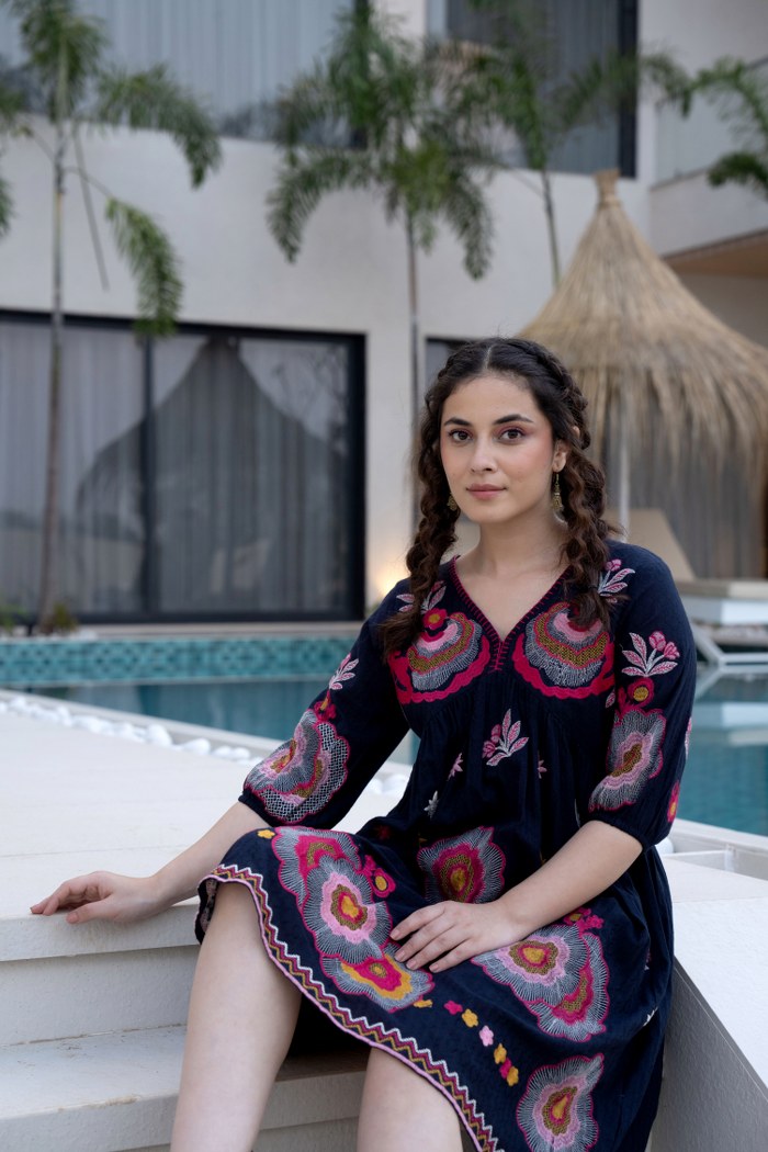 Black Cotton Midi Dress with Embroidered Bodice & Elbow-Length Sleeves