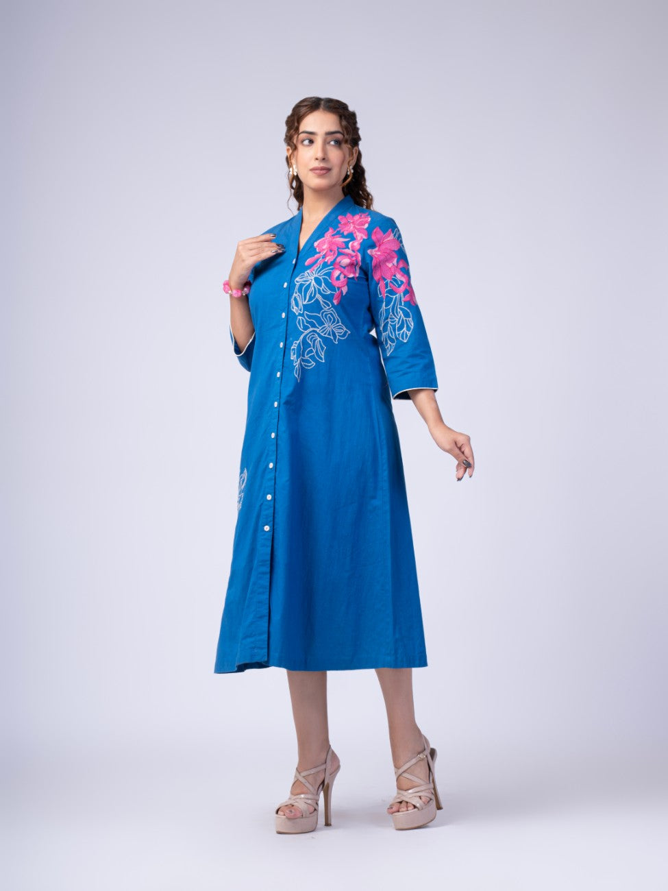 Azure Blue Floral Embroidered Button-Down Midi Dress