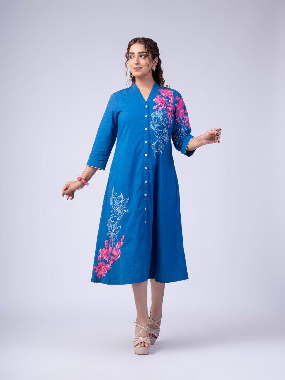 Azure Blue Floral Embroidered Button-Down Midi Dress
