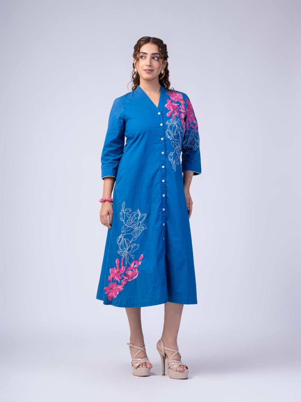 Azure Blue Floral Embroidered Button-Down Midi Dress