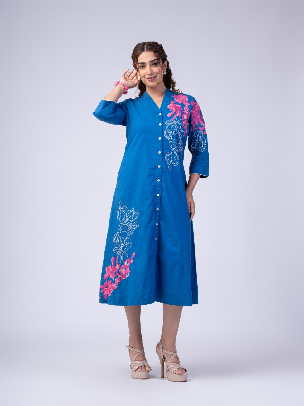 Azure Blue Floral Embroidered Button-Down Midi Dress