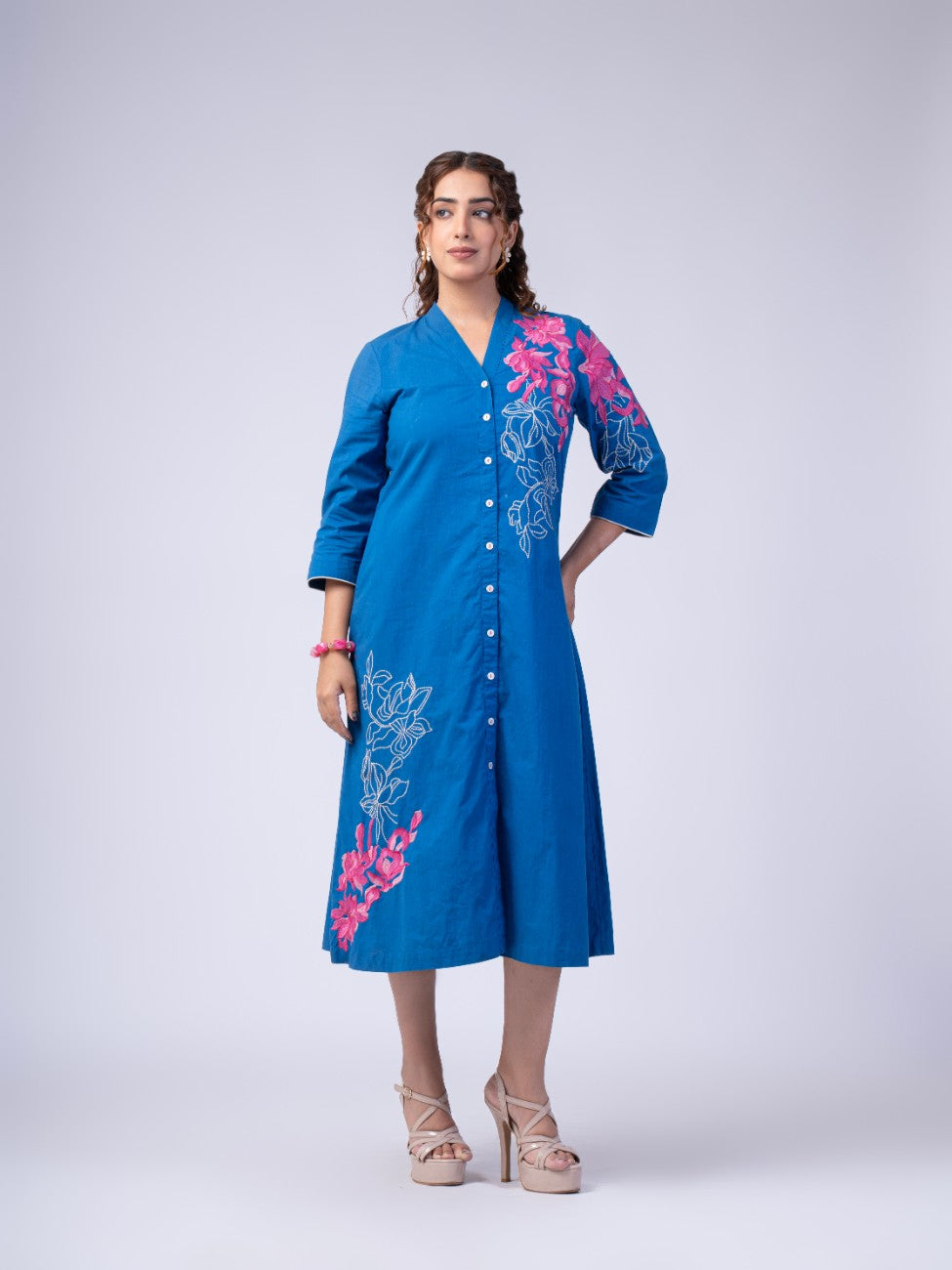 Azure Blue Floral Embroidered Button-Down Midi Dress