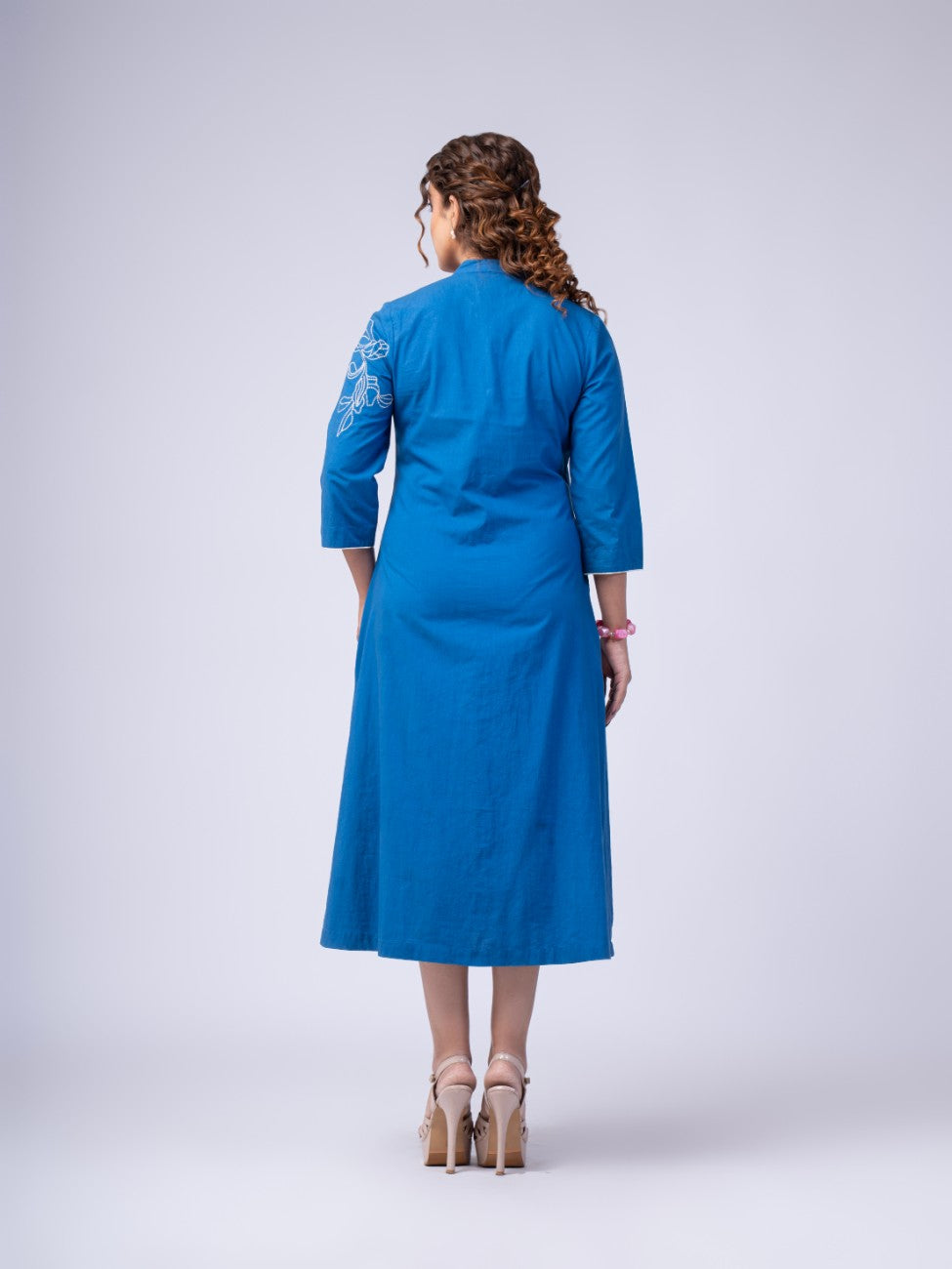 Azure Blue Floral Embroidered Button-Down Midi Dress