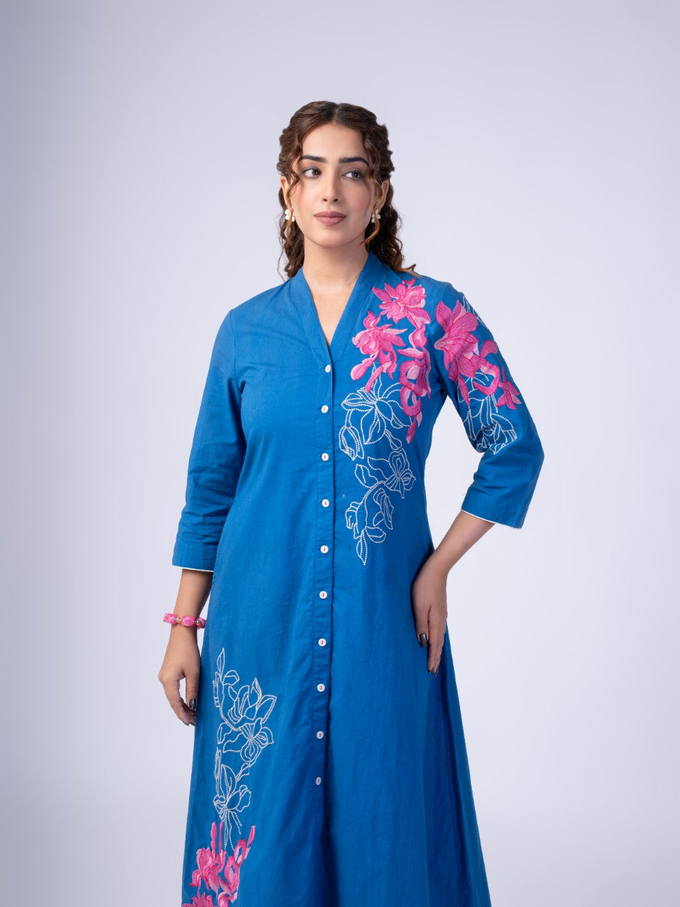 Azure Blue Floral Embroidered Button-Down Midi Dress