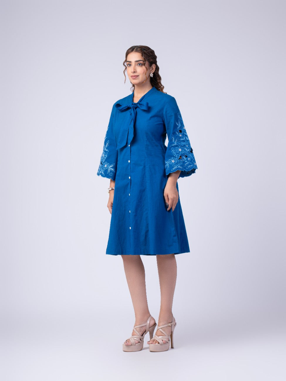 Royal Blue Bow-Neck Embroidered A-Line Dress