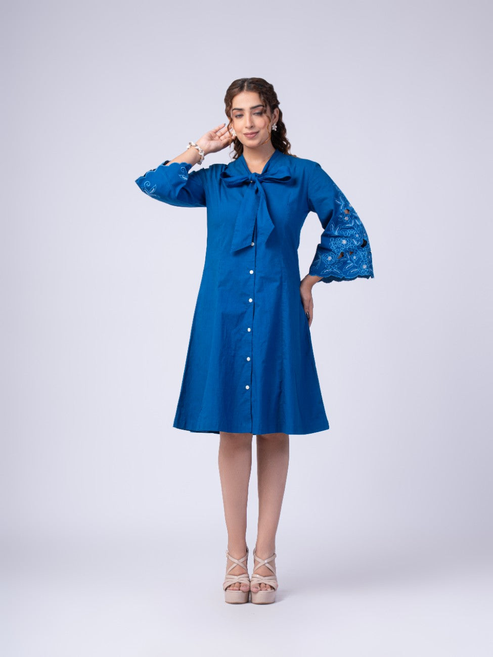 Royal Blue Bow-Neck Embroidered A-Line Dress