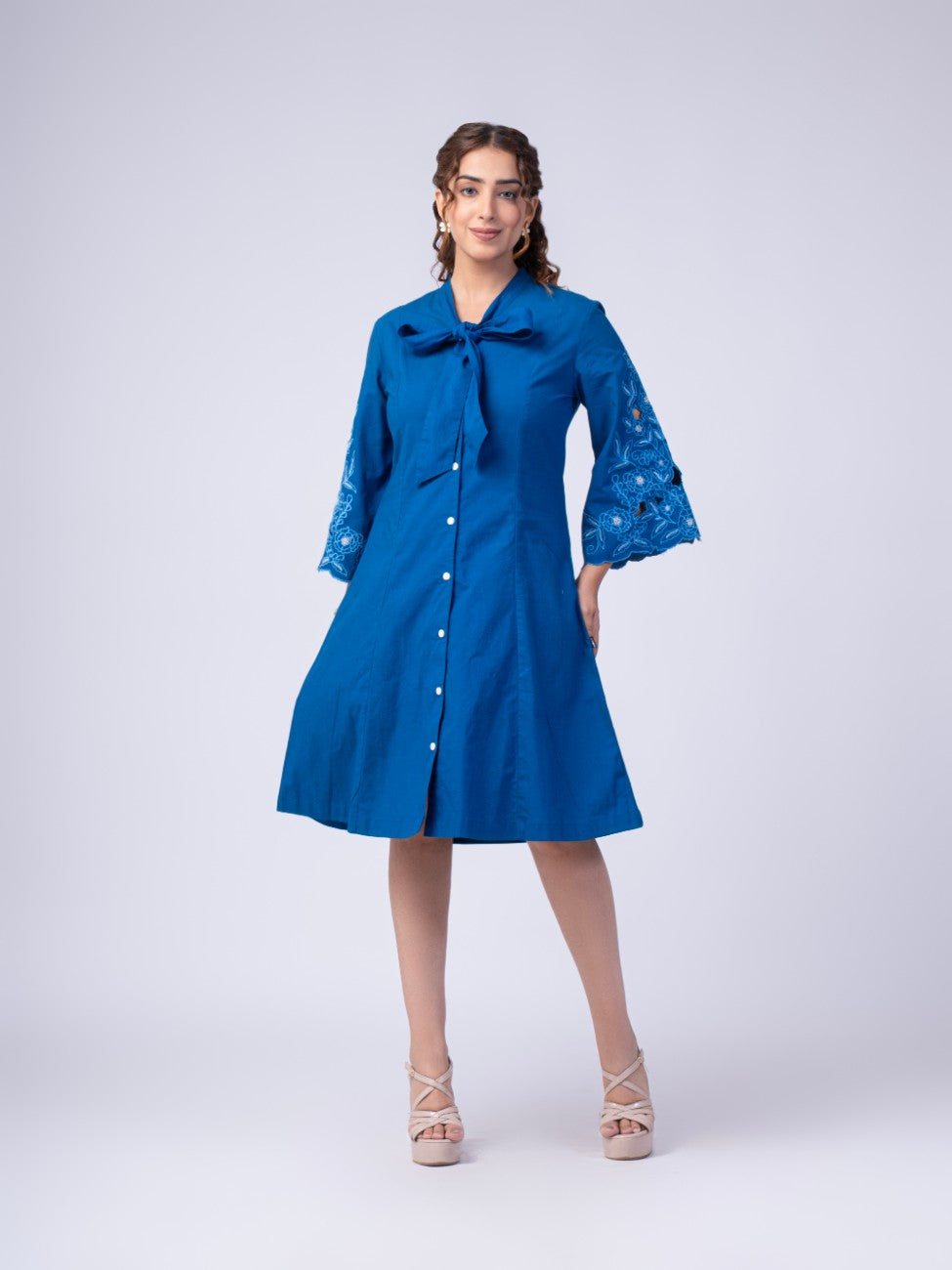 Royal Blue Bow-Neck Embroidered A-Line Dress