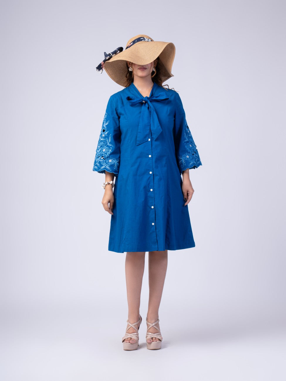 Royal Blue Bow-Neck Embroidered A-Line Dress