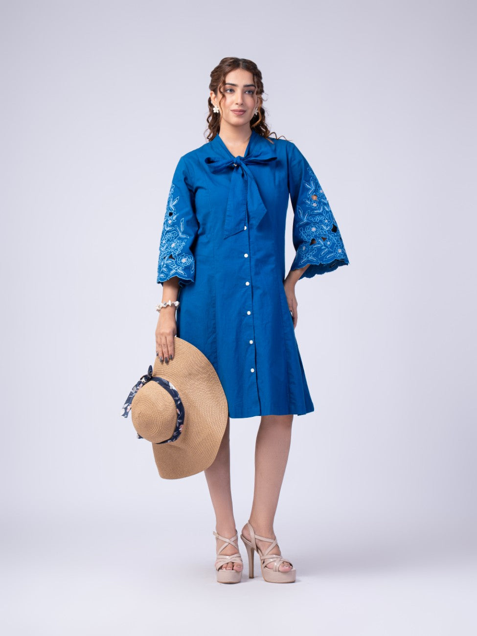 Royal Blue Bow-Neck Embroidered A-Line Dress