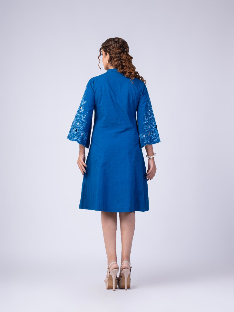 Royal Blue Bow-Neck Embroidered A-Line Dress