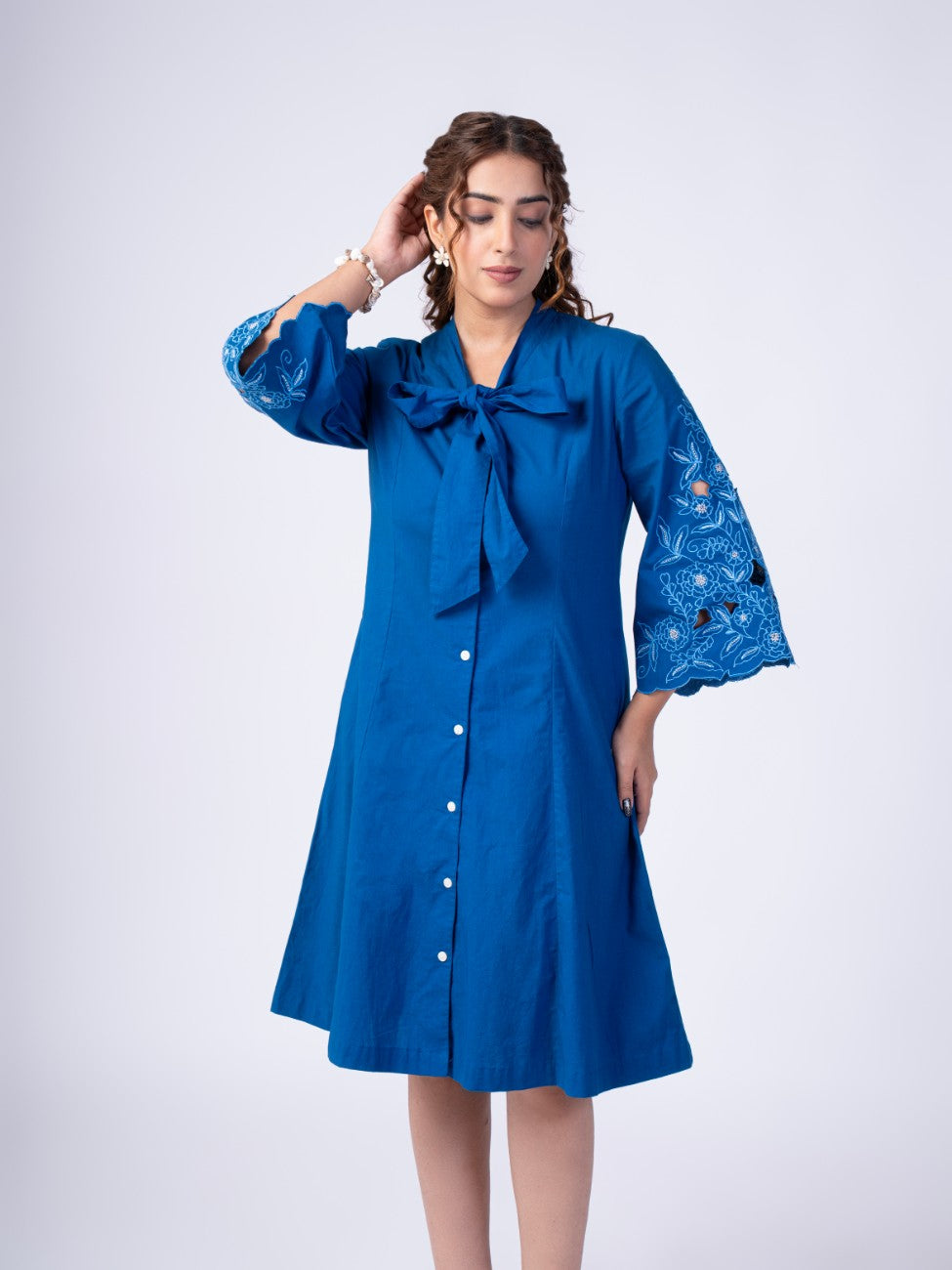 Royal Blue Bow-Neck Embroidered A-Line Dress