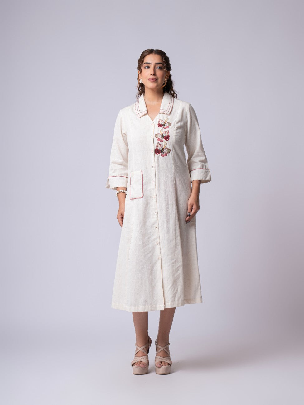 Ivory Floral Embroidered Collared Button-Down Midi Dress