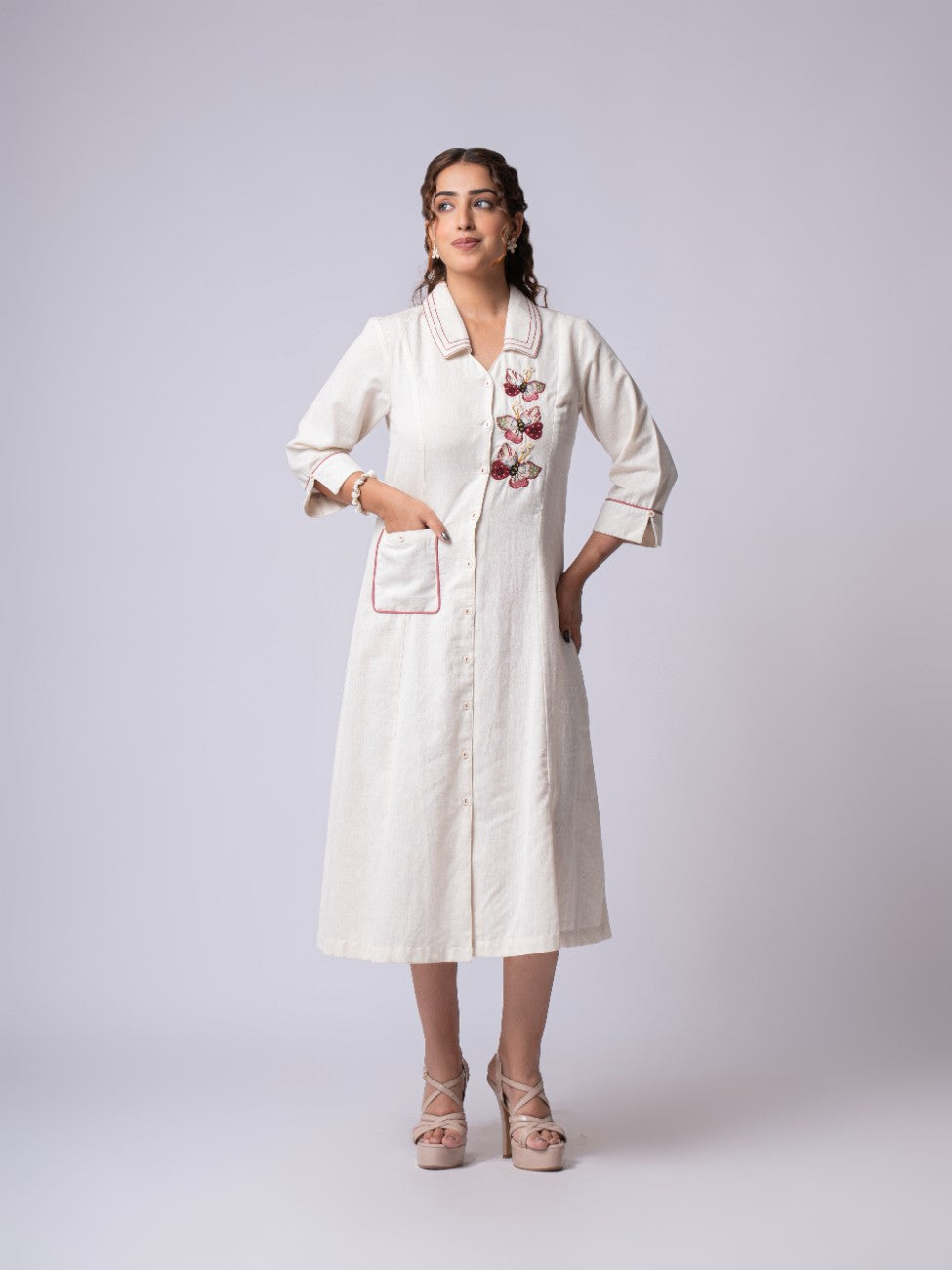 Ivory Floral Embroidered Collared Button-Down Midi Dress
