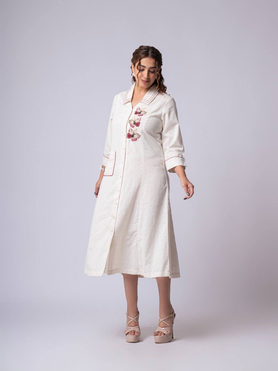 Ivory Floral Embroidered Collared Button-Down Midi Dress