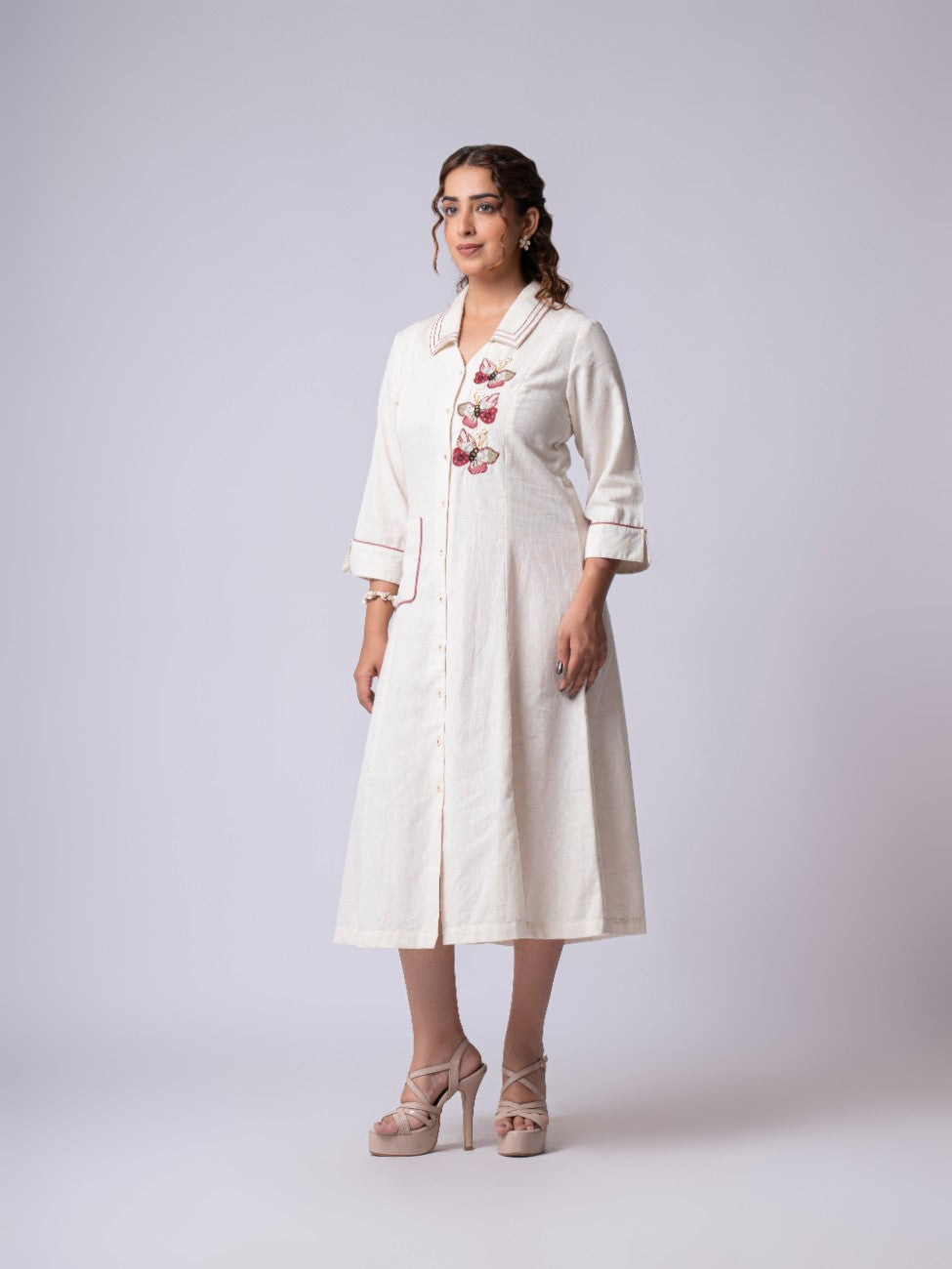 Ivory Floral Embroidered Collared Button-Down Midi Dress