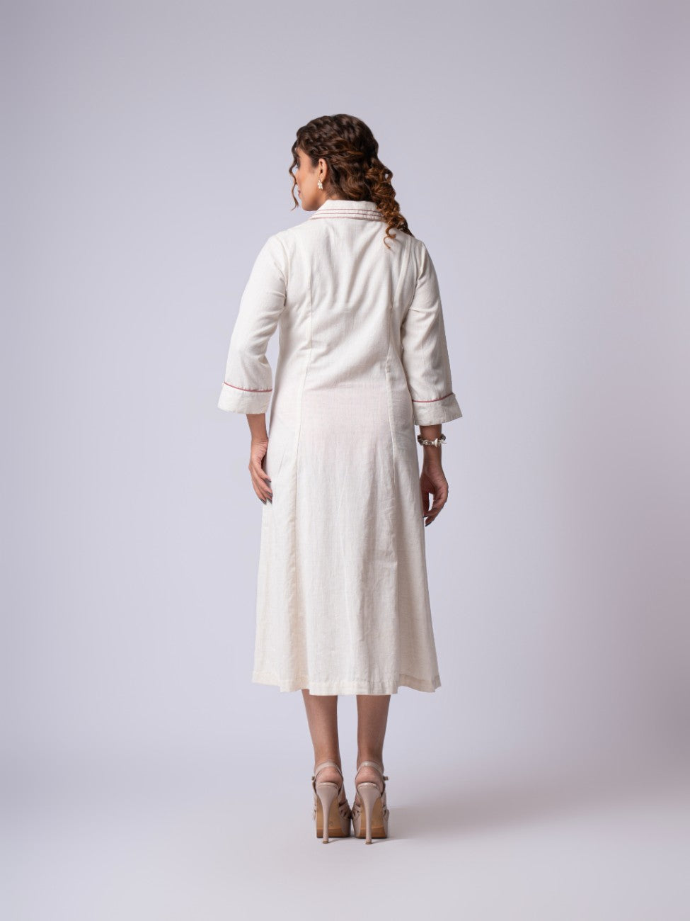 Ivory Floral Embroidered Collared Button-Down Midi Dress