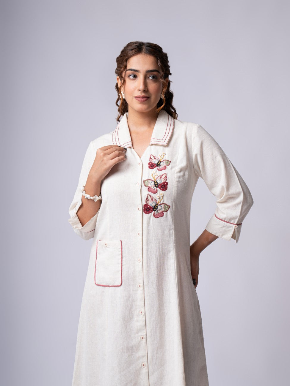 Ivory Floral Embroidered Collared Button-Down Midi Dress
