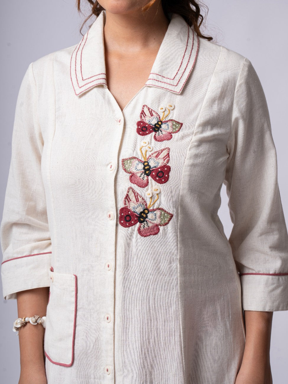 Ivory Floral Embroidered Collared Button-Down Midi Dress