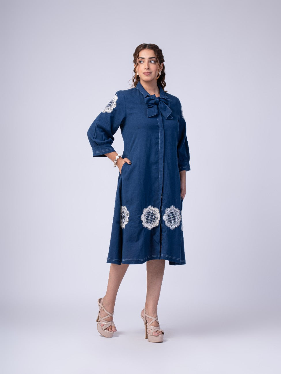Navy Blue Bow-Neck Embroidered A-Line Midi Dress
